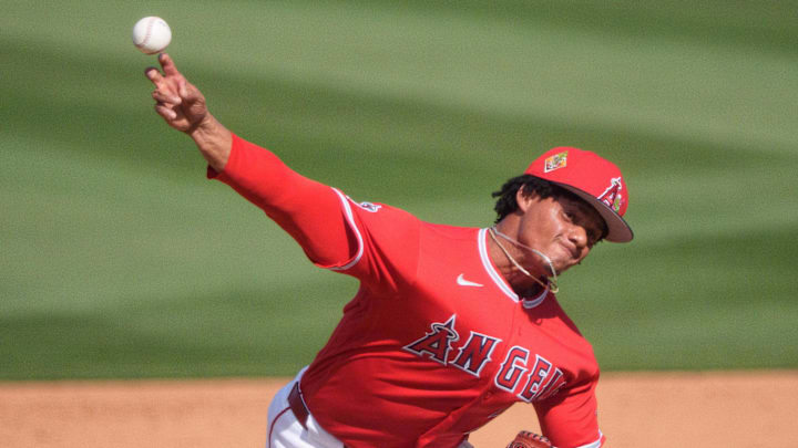 Feb 24, 2026; Tempe, Arizona, USA; Los Angeles Angels pitcher Joel Hurtado (72) pitches in the sixth inning against the San Francisco Giants during a spring training game  at Tempe Diablo Stadium. Mandatory Credit: Allan Henry-Imagn Images