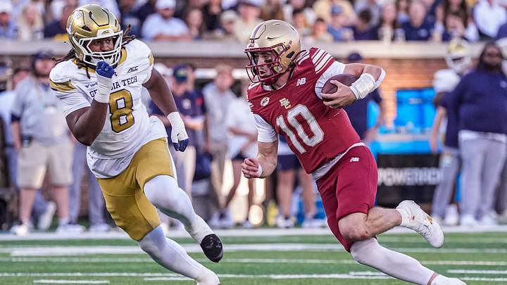 Oct 24, 2026; Atlanta, Georgia, USA; Boston College Eagles quarterback Mason McKenzie (10) runs against Georgia Tech Yellow Jackets defensive lineman Jordan Boyd (8) at Bobby Dodd Stadium at Hyundai Field. Mandatory Credit: Dale Zanine-Imagn Images Oct 24, 2026; Atlanta, Georgia, USA; Boston College Eagles quarterback Mason McKenzie (10) runs against Georgia Tech Yellow Jackets defensive lineman Jordan Boyd (8) at Bobby Dodd Stadium at Hyundai Field. Mandatory Credit: Dale Zanine-Imagn Images