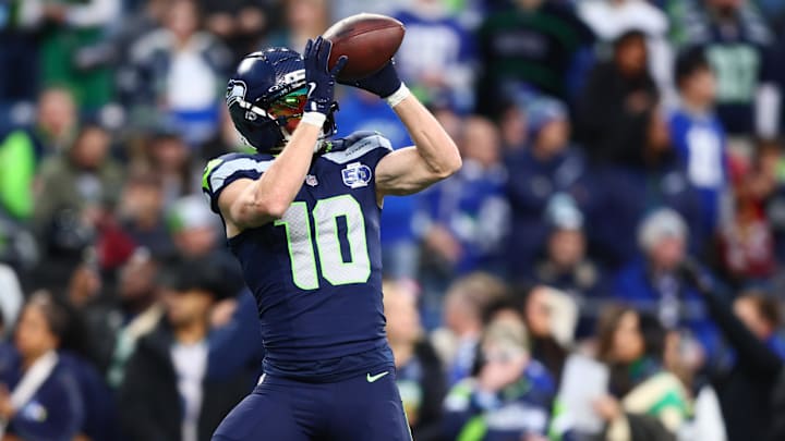 Jan 17, 2026; Seattle, WA, USA; Seattle Seahawks wide receiver Cooper Kupp (10) warms up prior to a game against the San Francisco 49ers in an NFC Divisional Round game at Lumen Field.