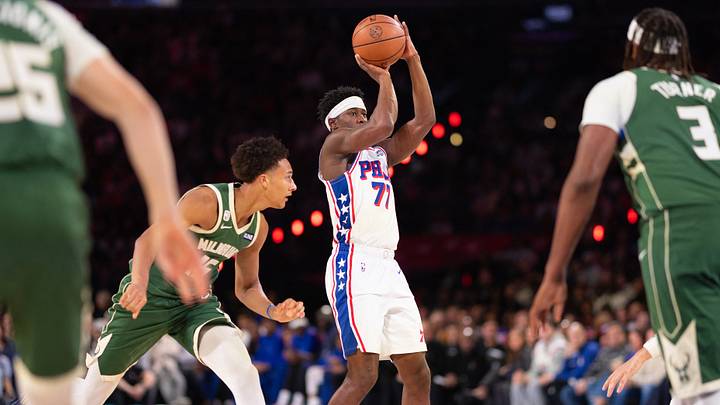 Oct 24, 2026; Philadelphia, Pennsylvania, USA; Philadelphia 76ers guard Vj Edgecombe (77) shoots against the Milwaukee Bucks during the first quarter at Xfinity Mobile Arena. Mandatory Credit: Bill Streicher-Imagn Images Oct 24, 2026; Philadelphia, Pennsylvania, USA; Philadelphia 76ers guard Vj Edgecombe (77) shoots against the Milwaukee Bucks during the first quarter at Xfinity Mobile Arena. Mandatory Credit: Bill Streicher-Imagn Images