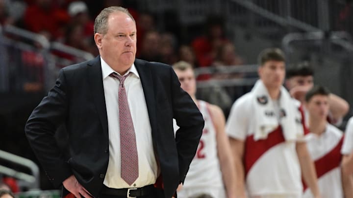 Dec 19, 2025; Milwaukee, Wisconsin, USA; Wisconsin Badgers head coach Greg Gard looks on in the second half against the Villanova Wildcats at the Fiserv Forum. 
