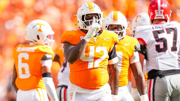 Tennessee defensive lineman Tyre West (42) celebrates after a play during a college football game between Tennessee and Georgia at Neyland Stadium in Knoxville, Tenn., on Sept. 13, 2025.