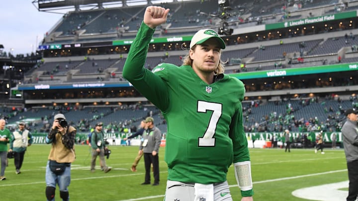 Dec 29, 2024; Philadelphia, Pennsylvania, USA; Philadelphia Eagles quarterback Kenny Pickett (7) walks off the field after win against the Dallas Cowboys at Lincoln Financial Field. Mandatory Credit: Eric Hartline-Imagn Images