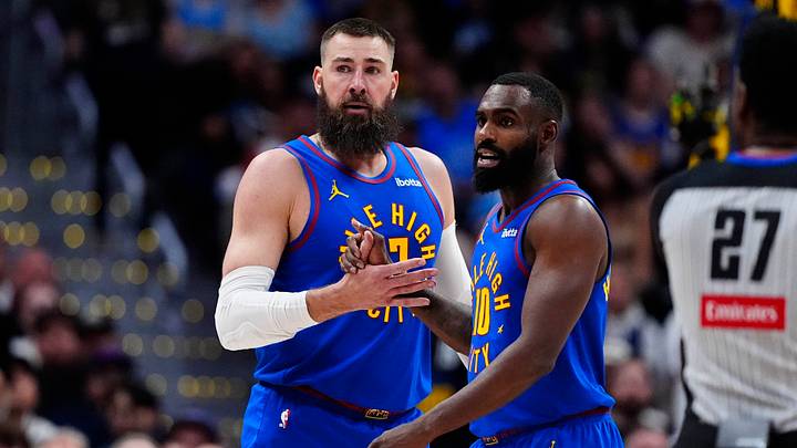 Apr 20, 2026; Denver, Colorado, USA; Denver Nuggets guard Tim Hardaway Jr. (10) and center Jonas Valanciunas (17) react in the first half against the Minnesota Timberwolves during game two of the first round of the 2026 NBA Playoffs at Ball Arena. Mandatory Credit: Ron Chenoy-Imagn Images Apr 20, 2026; Denver, Colorado, USA; Denver Nuggets guard Tim Hardaway Jr. (10) and center Jonas Valanciunas (17) react in the first half against the Minnesota Timberwolves during game two of the first round of the 2026 NBA Playoffs at Ball Arena. Mandatory Credit: Ron Chenoy-Imagn Images