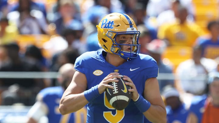 Aug 30, 2025; Pittsburgh, Pennsylvania, USA; Pittsburgh Panthers quarterback Cole Gonzales (9) looks to pass against the Duquesne Dukes during the fourth quarter at Acrisure Stadium. Mandatory Credit: Charles LeClaire-Imagn Images