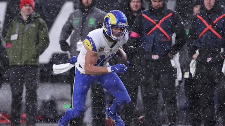 Jan 19, 2025; Philadelphia, Pennsylvania, USA; Los Angeles Rams wide receiver Cooper Kupp (10) catches a pass in the second quarter against the Philadelphia Eagles in a 2025 NFC divisional round game at Lincoln Financial Field. Mandatory Credit: Bill Streicher-Imagn Images