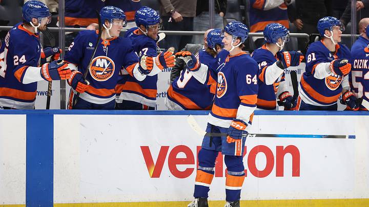 Apr 9, 2026; Elmont, New York, USA;  New York Islanders center Calum Ritchie (64) celebrates with teammates after scoring a goal in the third period against the Toronto Maple Leafs at UBS Arena. Mandatory Credit: Wendell Cruz-Imagn Images