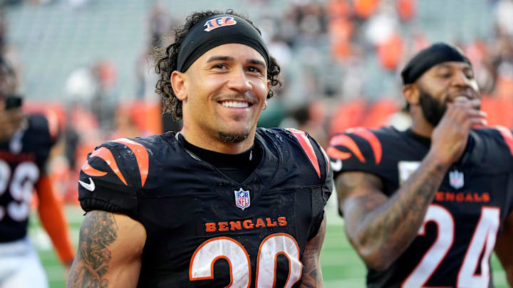 Cincinnati Bengals running back Chase Brown (30) smiles at fans after the Bengals beat the Las Vegas Raiders 41-24 Paycor Stadium Sunday, November 3, 2024.
