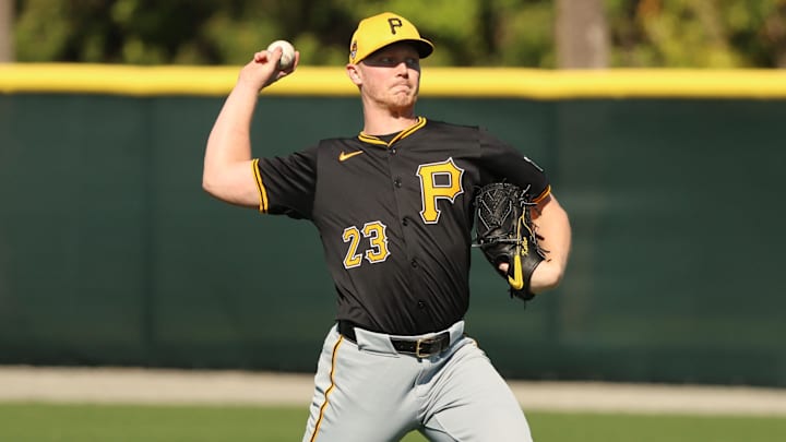 Feb 14, 2024; Bradenton, FL, USA; Pittsburgh Pirates starting pitcher Mitch Keller (23) works out at