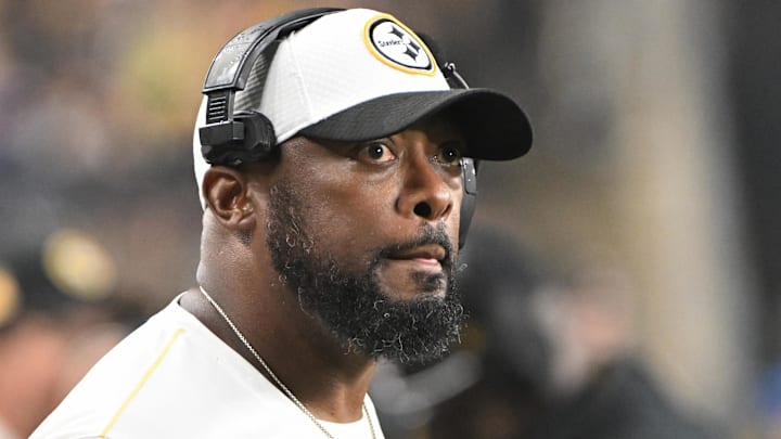 Oct 6, 2024; Pittsburgh, Pennsylvania, USA; Pittsburgh Steelers head coach Mike Tomlin watches the action against the Dallas Cowboys during the first quarter at Acrisure Stadium. Mandatory Credit: Barry Reeger-Imagn Images