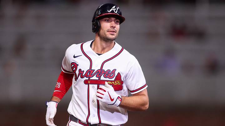 Atlanta Braves first baseman Matt Olson (28) celebrates after a walk-off two-run home run against the Detroit Tigers in the ninth inning at Truist Park. 