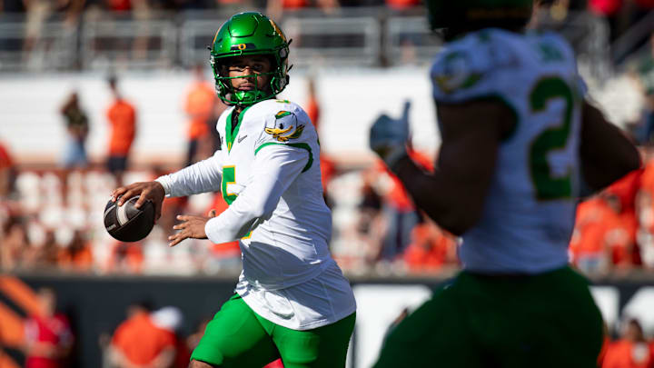Oregon quarterback Dante Moore looks to pass as the Oregon State Beavers host the Oregon Ducks Saturday, Sept. 14, 2024 at Reser Stadium in Corvallis, Ore.