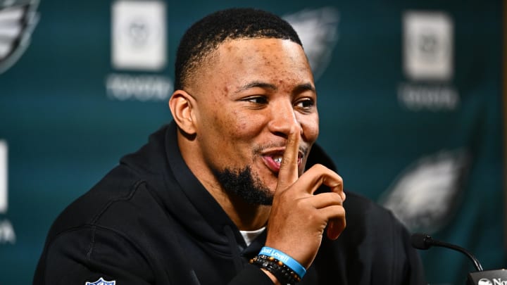 iMar 14, 2024; Philadelphia, PA, USA; Philadelphia Eagles running back Saquon Barkley gestures during a press conference after signing with the team. iMar 14, 2024; Philadelphia, PA, USA; Philadelphia Eagles running back Saquon Barkley gestures during a press conference after signing with the team.