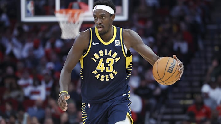 Nov 20, 2024; Houston, Texas, USA; Indiana Pacers forward Pascal Siakam (43) dribbles the ball during the third quarter against the Houston Rockets at Toyota Center. Mandatory Credit: Troy Taormina-Imagn Images