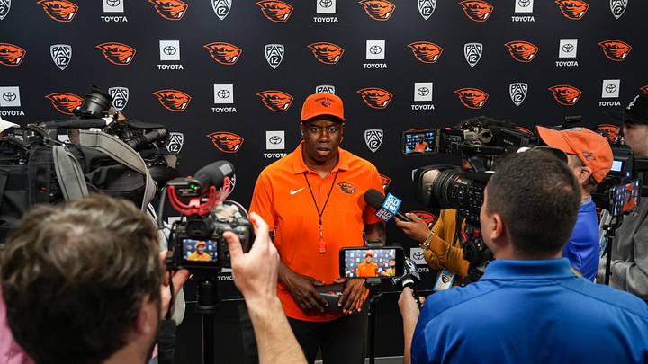 Oregon State head coach JaMarcus Shephard talks to the media after the Oregon State Spring Game at Reser Stadium on Saturday, April 25, 2026, in Corvallis, Ore. Oregon State head coach JaMarcus Shephard talks to the media after the Oregon State Spring Game at Reser Stadium on Saturday, April 25, 2026, in Corvallis, Ore.