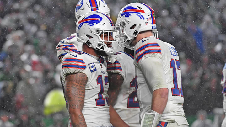 Nov 26, 2023; Philadelphia, Pennsylvania, USA; Buffalo Bills wide receiver Gabe Davis (13) celebrates touchdown  with quarterback Josh Allen (17) during the fourth quarter