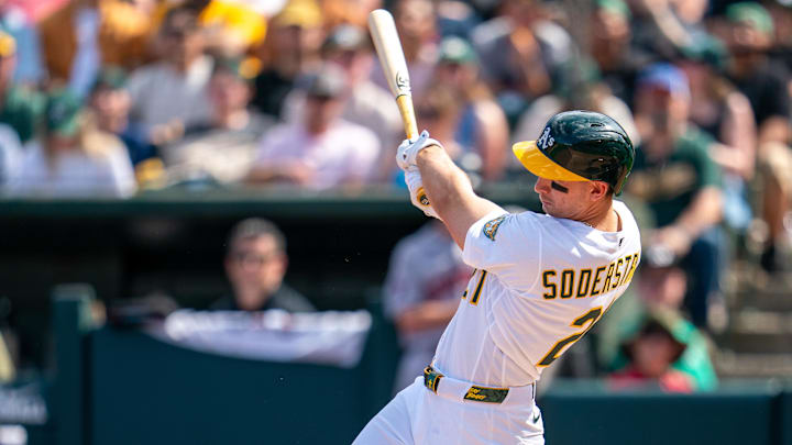 Apr 5, 2026; West Sacramento, California, USA; Athletics left fielder Tyler Soderstrom (21) hits a three run triple against the Houston Astros during the fifth inning at Sutter Health Park. Mandatory Credit: Neville E. Guard-Imagn Images Apr 5, 2026; West Sacramento, California, USA; Athletics left fielder Tyler Soderstrom (21) hits a three run triple against the Houston Astros during the fifth inning at Sutter Health Park. Mandatory Credit: Neville E. Guard-Imagn Images