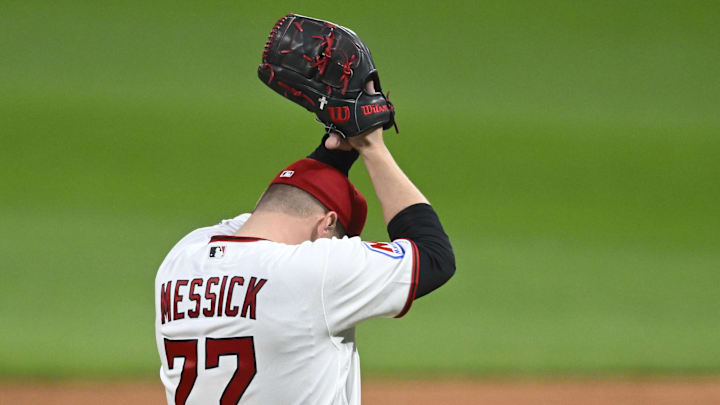 Apr 16, 2026; Cleveland, Ohio, USA; Cleveland Guardians starting pitcher Parker Messick (77) reacts after giving up his first hit of the game in the ninth inning against the Baltimore Orioles at Progressive Field. Mandatory Credit: David Richard-Imagn Images