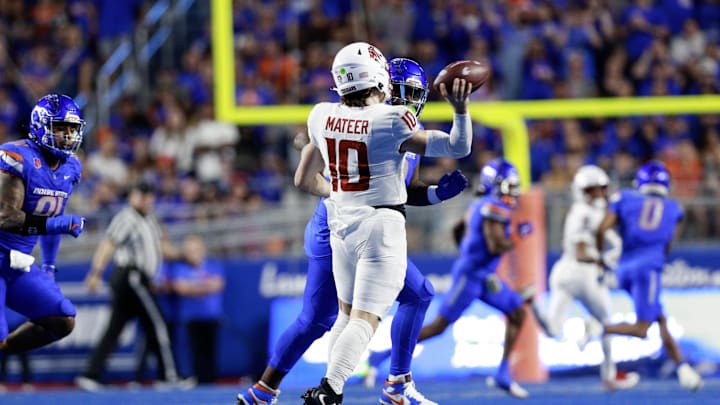Sep 28, 2024; Boise, Idaho, USA; Washington State Cougars quarterback John Mateer (10) rolls out to throw a pass during the second quarter against the Boise State Broncos at Albertsons Stadium. Mandatory Credit: Brian Losness-Imagn Images

