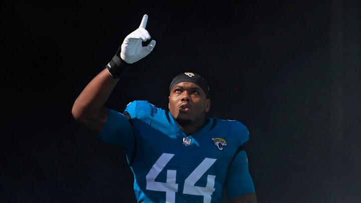 Jacksonville Jaguars defensive end Travon Walker (44) is introduced before an NFL football matchup Sunday, Oct. 27, 2024 at EverBank Stadium in Jacksonville, Fla. The Packers edged the Jaguars 30-27 on a last-second field goal. [Corey Perrine/Florida Times-Union]