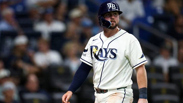 Aug 18, 2026; St. Petersburg, Florida, USA; Tampa Bay Rays catcher Liam Hicks (34) looks on against the Toronto Blue Jays in the eighth inning at Tropicana Field. Mandatory Credit: Nathan Ray Seebeck-Imagn Images Aug 18, 2026; St. Petersburg, Florida, USA; Tampa Bay Rays catcher Liam Hicks (34) looks on against the Toronto Blue Jays in the eighth inning at Tropicana Field. Mandatory Credit: Nathan Ray Seebeck-Imagn Images