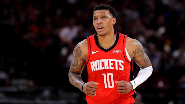 Apr 3, 2026; Houston, Texas, USA; Houston Rockets forward Jabari Smith Jr. (10) reacts after a made basket against the Utah Jazz during the second quarter at Toyota Center. Mandatory Credit: Erik Williams-Imagn Images