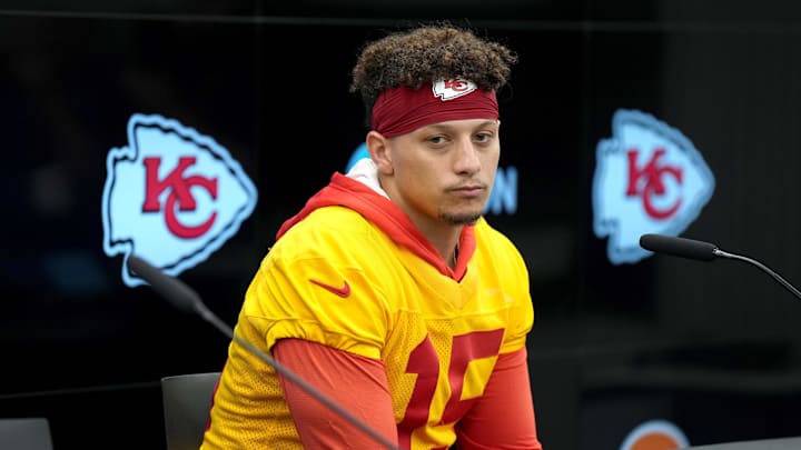 Nov 3, 2023; Frankfurt, Germany; Kansas City Chiefs quarterback Patrick Mahomes (15) at press conference at DFB Campus. Mandatory Credit: Kirby Lee-USA TODAY Sports