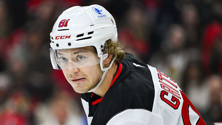 Jan 31, 2026; Ottawa, Ontario, CAN; New Jersey Devils right wing Arseny Gritsyuk (81) looks on against the Ottawa Senators during the first period at Canadian Tire Centre. Mandatory Credit: David Kirouac-Imagn Images