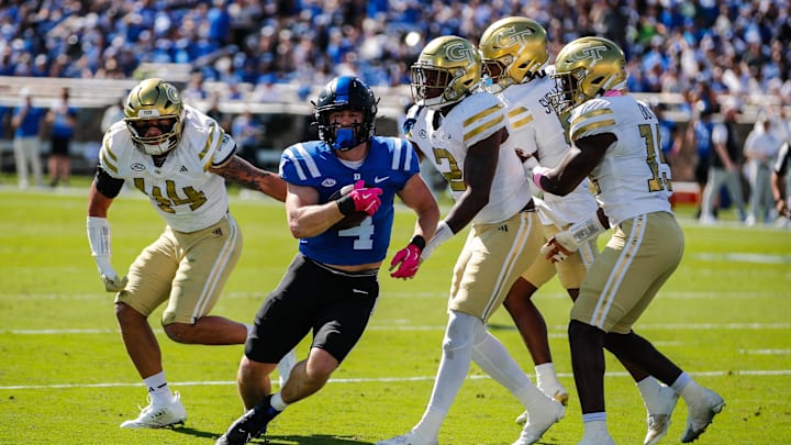 Oct 18, 2025; Durham, North Carolina, USA; Duke Blue Devils running back Anderson Castle (4) runs with the ball during the first half of the game against Georgia Tech Yellow Jackets at Wallace Wade Stadium. Mandatory Credit: Jaylynn Nash-Imagn Images Oct 18, 2025; Durham, North Carolina, USA; Duke Blue Devils running back Anderson Castle (4) runs with the ball during the first half of the game against Georgia Tech Yellow Jackets at Wallace Wade Stadium. Mandatory Credit: Jaylynn Nash-Imagn Images