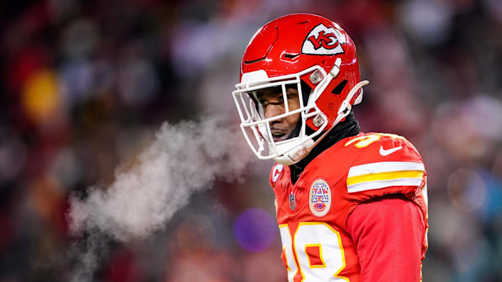 Jan 13, 2024; Kansas City, Missouri, USA; Kansas City Chiefs cornerback L'Jarius Sneed (38) reacts after a play during the first half of a 2024 AFC wild card game against the Miami Dolphins at GEHA Field at Arrowhead Stadium. Mandatory Credit: Jay Biggerstaff-Imagn Images