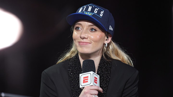 Apr 14, 2025; New York, New York, USA; Paige Bueckers is interviewed by ESPN after being selected with the number one overall pick to the Dallas Wings in the 2025 WNBA Draft at The Shed at Hudson Yards. Mandatory Credit: Vincent Carchietta-Imagn Images Apr 14, 2025; New York, New York, USA; Paige Bueckers is interviewed by ESPN after being selected with the number one overall pick to the Dallas Wings in the 2025 WNBA Draft at The Shed at Hudson Yards. Mandatory Credit: Vincent Carchietta-Imagn Images