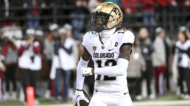 Nov 17, 2023; Pullman, Washington, USA; Colorado Buffaloes cornerback Travis Hunter (12) celebrates a touchdown against the Washington State Cougars in the first half at Gesa Field at Martin Stadium. Mandatory Credit: James Snook-USA TODAY Sports