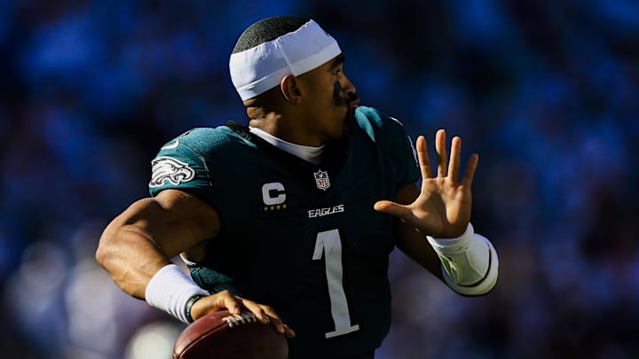 Oct 27, 2024; Cincinnati, Ohio, USA; Philadelphia Eagles quarterback Jalen Hurts (1) warms up during a stop in play in the second half against the Cincinnati Bengals at Paycor Stadium. 