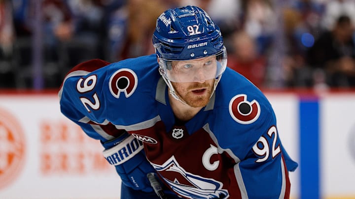 Apr 23, 2025; Denver, Colorado, USA; Colorado Avalanche left wing Gabriel Landeskog (92) in the second period against the Dallas Stars in game three of the first round of the 2025 Stanley Cup Playoffs at Ball Arena. Mandatory Credit: Isaiah J. Downing-Imagn Images