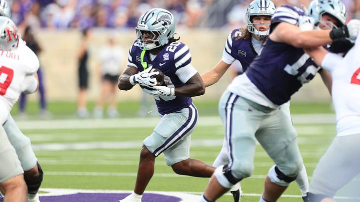 Kansas State Wildcats running back Rodney Fields Jr. (20) runs the ball during the game against Nicholls Colonels inside Bill Snyder Family Stadium on Sept. 5, 2026. Kansas State Wildcats running back Rodney Fields Jr. (20) runs the ball during the game against Nicholls Colonels inside Bill Snyder Family Stadium on Sept. 5, 2026.