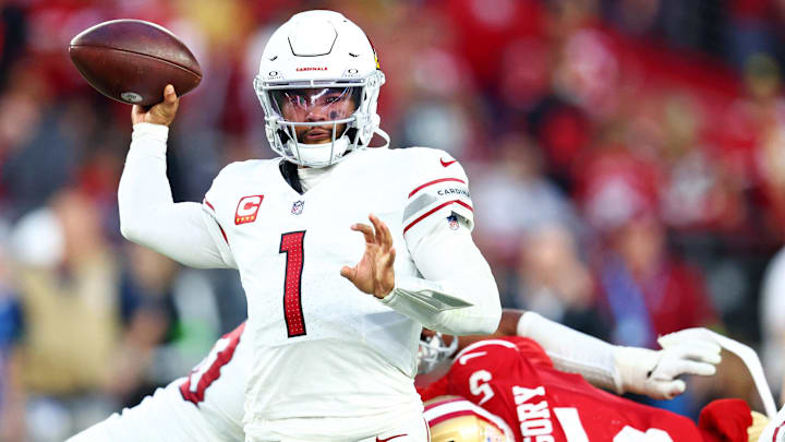 Dec 17, 2023; Glendale, Arizona, USA; Arizona Cardinals quarterback Kyler Murray (1) throws a pass