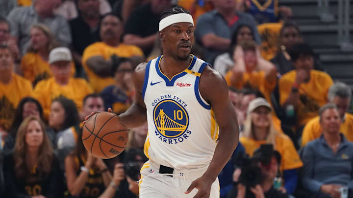 May 10, 2025; San Francisco, California, USA; Golden State Warriors forward Jimmy Butler III (10) dribbles upcourt against the Minnesota Timberwolves in the first quarter during game three of the second round for the 2025 NBA Playoffs at Chase Center. Mandatory Credit: David Gonzales-Imagn Images