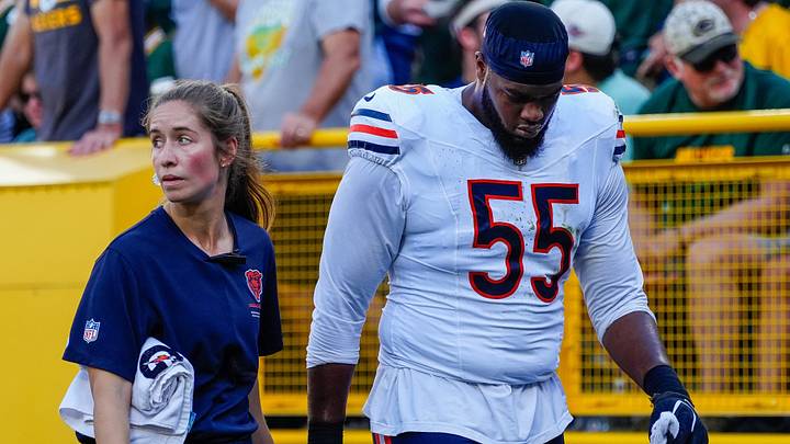 Chicago Bears defensive end Dayo Odeyingbo (55) walks to the locker room after being injured against the Green Bay Packers on Sunday, Oct. 11, 2026, at Lambeau Field in Green Bay, Wisconsin. The Packers won the game, 31-7.
Tork Mason/Green Bay Press-Gazette Chicago Bears defensive end Dayo Odeyingbo (55) walks to the locker room after being injured against the Green Bay Packers on Sunday, Oct. 11, 2026, at Lambeau Field in Green Bay, Wisconsin. The Packers won the game, 31-7.
Tork Mason/Green Bay Press-Gazette