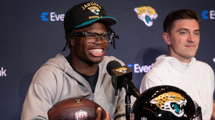 Apr 25, 2025; Jacksonville, FL, USA; Jacksonville Jaguars first round draft pick Travis Hunter talks to the media during a press conference at Miller Electric Center. Mandatory Credit: Travis Register-Imagn Images