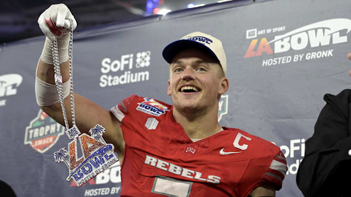 UNLV Rebels linebacker Jackson Woodard celebrates after he was named offensive player of the game after defeating the California Golden Bears in the LA Bowl at SoFi Stadium.