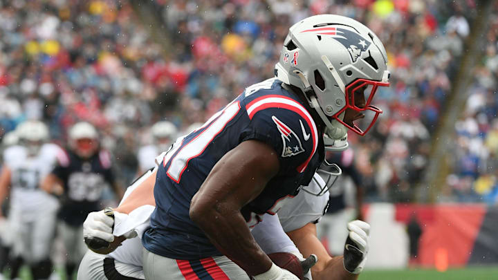 Sep 7, 2025; Foxborough, Massachusetts, USA; New England Patriots safety Jaylinn Hawkins (21) breaks up a pass against the Las Vegas Raiders at Gillette Stadium. Mandatory Credit: Bob DeChiara-Imagn Images