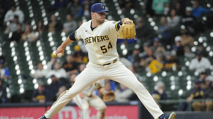 Apr 25, 2022; Milwaukee, Wisconsin, USA;  Milwaukee Brewers relief pitcher Jake Cousins (54) throws