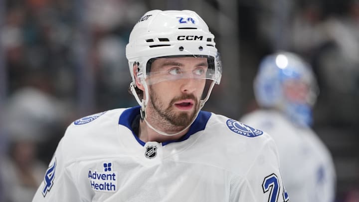 Jan 3, 2026; San Jose, California, USA; Tampa Bay Lightning defenseman Max Crozier (24) during the second period against the San Jose Sharks at SAP Center at San Jose. Mandatory Credit: Darren Yamashita-Imagn Images