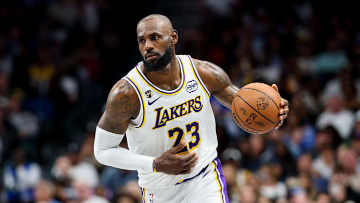 Apr 5, 2026; Dallas, Texas, USA;  Los Angeles Lakers forward LeBron James (23) controls the ball against the Dallas Mavericks during the second half at American Airlines Center. 