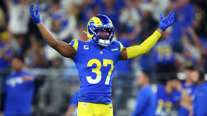 Jan 13, 2025; Glendale, AZ, USA; Los Angeles Rams safety Quentin Lake (37) reacts during the second half against the Minnesota Vikings in an NFC wild card game at State Farm Stadium. Mandatory Credit: Mark J. Rebilas-Imagn Images