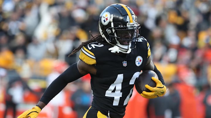 Dec 8, 2024; Pittsburgh, Pennsylvania, USA; Pittsburgh Steelers cornerback James Pierre (42) reacts after an interception against the Cleveland Browns during the fourth quarter at Acrisure Stadium. Mandatory Credit: Charles LeClaire-Imagn Images Dec 8, 2024; Pittsburgh, Pennsylvania, USA; Pittsburgh Steelers cornerback James Pierre (42) reacts after an interception against the Cleveland Browns during the fourth quarter at Acrisure Stadium. Mandatory Credit: Charles LeClaire-Imagn Images