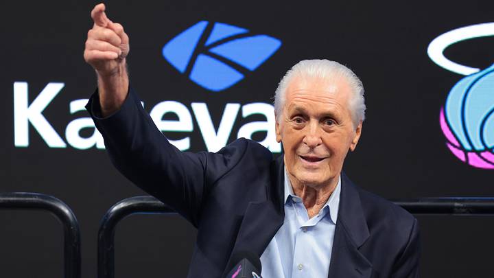 Miami Heat president Pat Riley reacts during an introductory press conference (Mandatory Credit: Sam Navarro-Imagn Images
