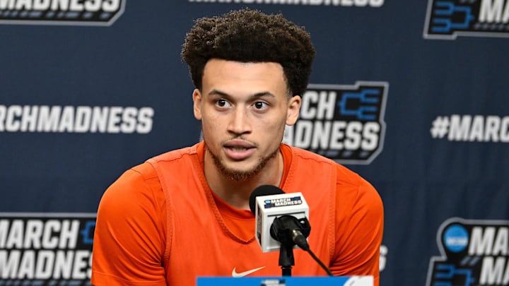 Mar 19, 2025; Providence, RI, USA; Clemson Tigers guard Chase Hunter (1) speaks to the media during a press conference at Amica Mutual Pavilion. Mandatory Credit: Eric Canha-Imagn Images