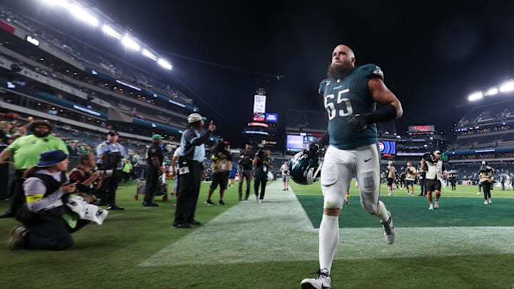 Sep 4, 2025; Philadelphia, Pennsylvania, USA; Philadelphia Eagles offensive tackle Lane Johnson (65) runs off the field after the game against the Dallas Cowboys at Lincoln Financial Field. Mandatory Credit: Bill Streicher-Imagn Images Sep 4, 2025; Philadelphia, Pennsylvania, USA; Philadelphia Eagles offensive tackle Lane Johnson (65) runs off the field after the game against the Dallas Cowboys at Lincoln Financial Field. Mandatory Credit: Bill Streicher-Imagn Images
