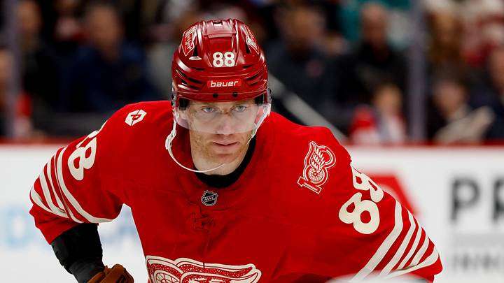 Mar 6, 2026; Detroit, Michigan, USA;  Detroit Red Wings right wing Patrick Kane (88) gets set during a face-off in the second period against the Florida Panthers at Little Caesars Arena. Mandatory Credit: Rick Osentoski-Imagn Images
